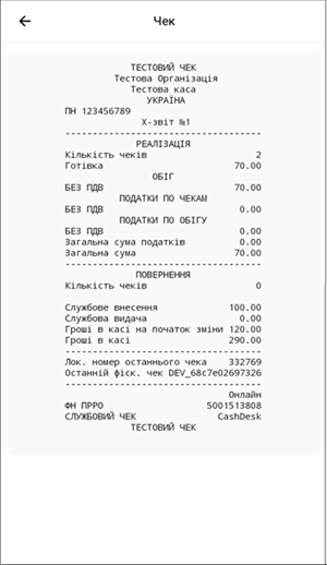 Екран сформованого X-звіту з підсумковими показниками