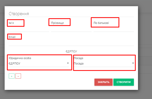 Заповніть поля форми та натисніть Закрити для скасування налаштувань або Створити для створення співробітника