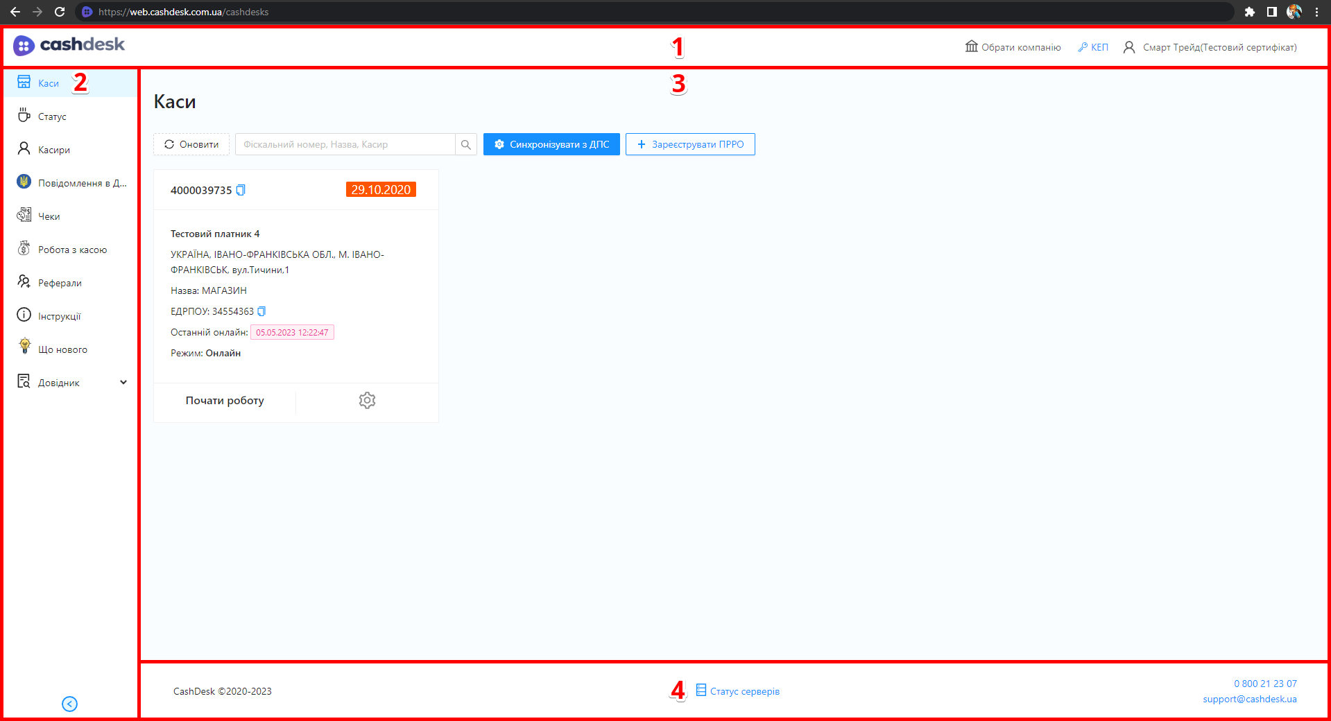Головний екран кабінету CashDesk з чотирма основними блоками інтерфейсу